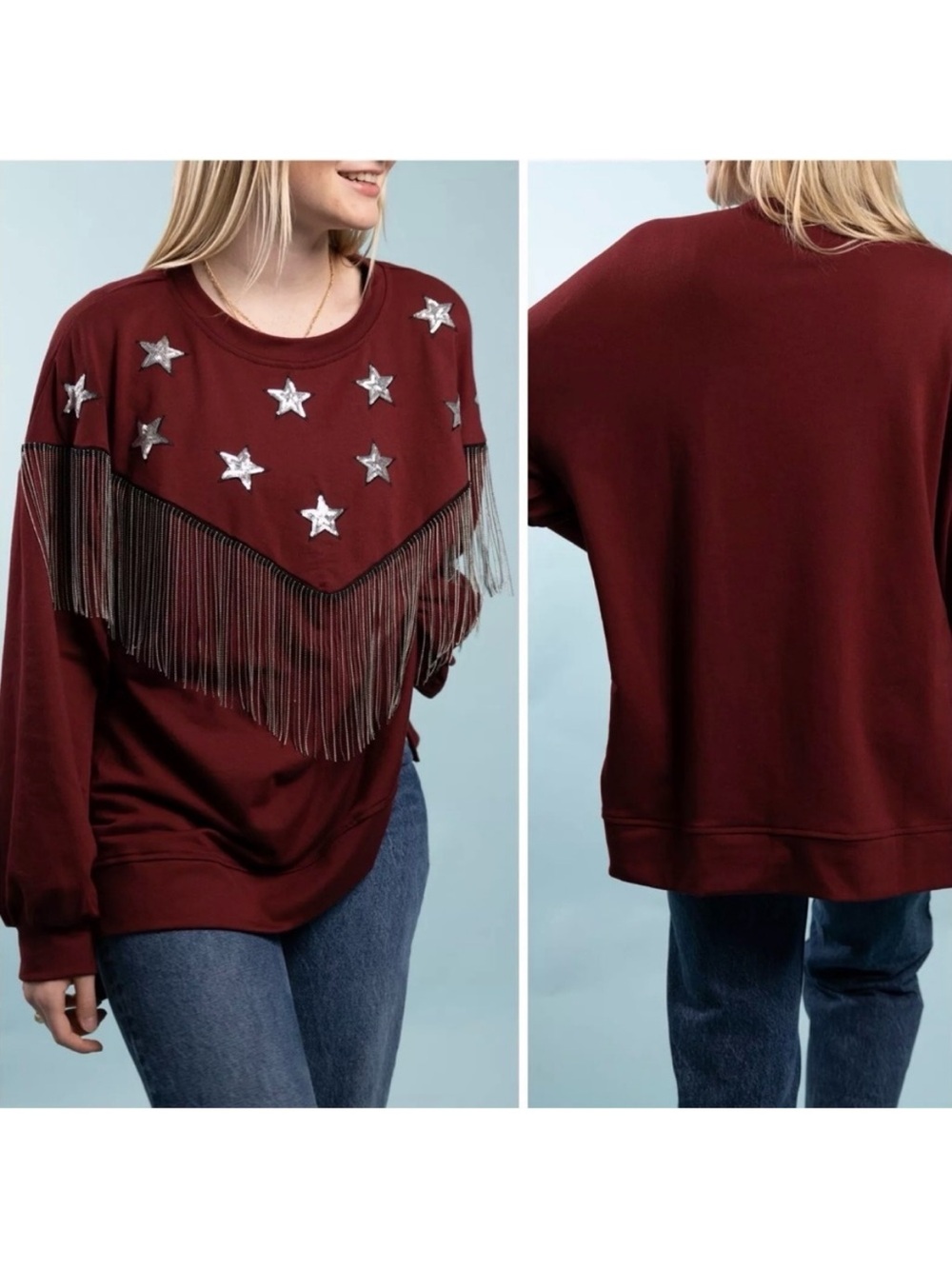Fantastic Fawn Maroon French Terry Metal Fringe & Stars Sweatshirt Western SZ M